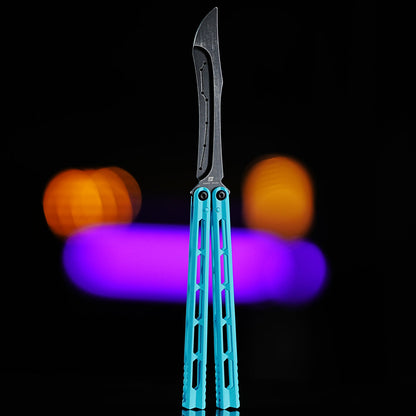 Armed Shark Prism Balisong Trainer front view in blue handles showing stonewash finish and smooth flipping balance