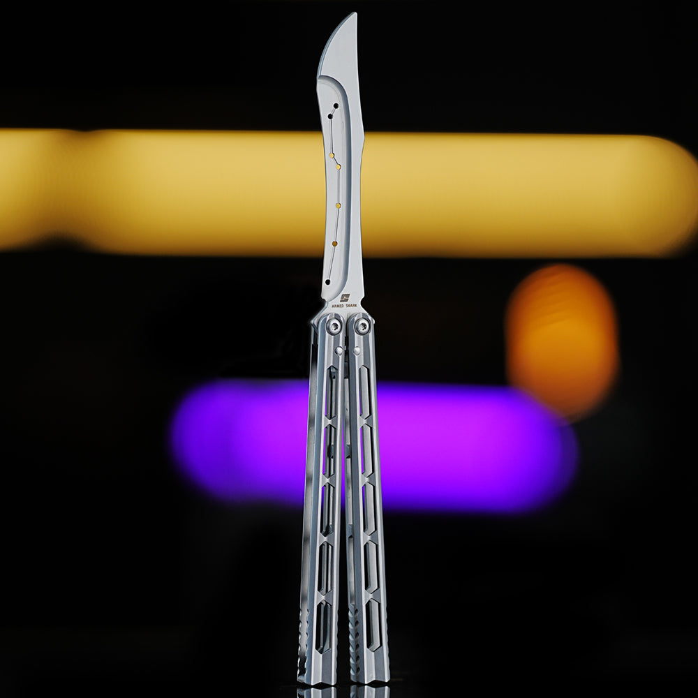 Armed Shark Prism Balisong Trainer front view in silver handles featuring mirror finish and precision balance design