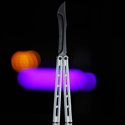 Armed Shark Prism Balisong Trainer front view in white handles showing balanced design and clean titanium finish