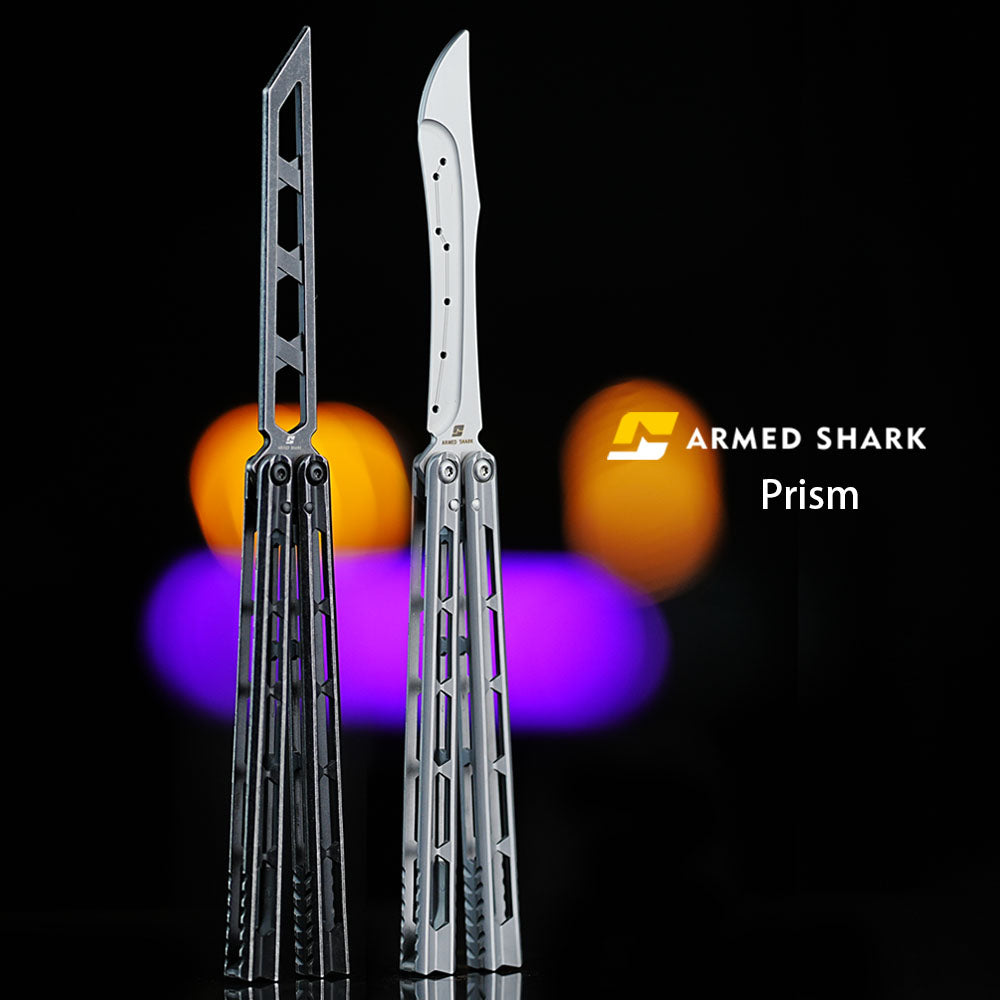 Armed Shark Prism Balisong Trainer silver and black color display showing stainless training edges and CNC machined handles