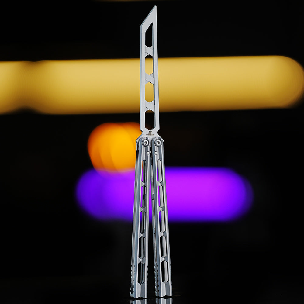 Armed Shark Prism Balisong Trainer skeleton blade version in silver handles showing lightweight structure and mirror finish details