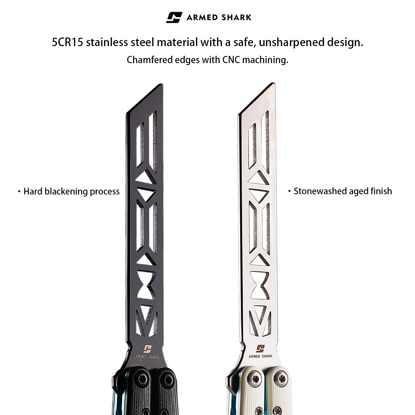 Armed Shark REP V2 Butterfly Trainer training edges in black and silver finishes showing CNC chamfered design and surface treatments