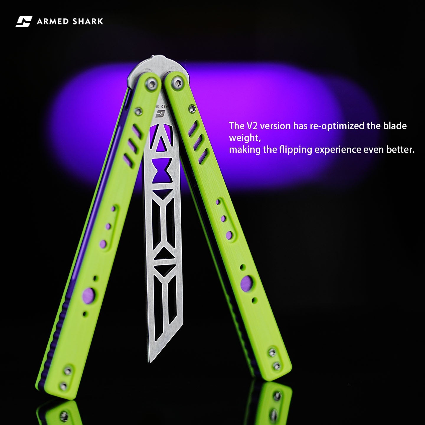 Armed Shark REP V2 Butterfly Trainer with green G10 handles and optimized training edge weight for improved flipping balance