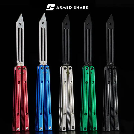 Armed Shark Squidtrainer V4 7075 aluminum balisong trainer lineup in red, blue, silver, green and black, front view on black background.