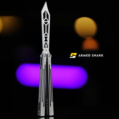 Front display of Armed Shark Titanium Alloy REP/SE Special Edition trainer with logo and purple background lights