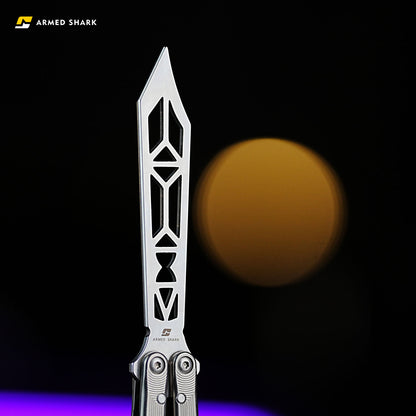 Close-up of Armed Shark Titanium REP balisong trainer blade design